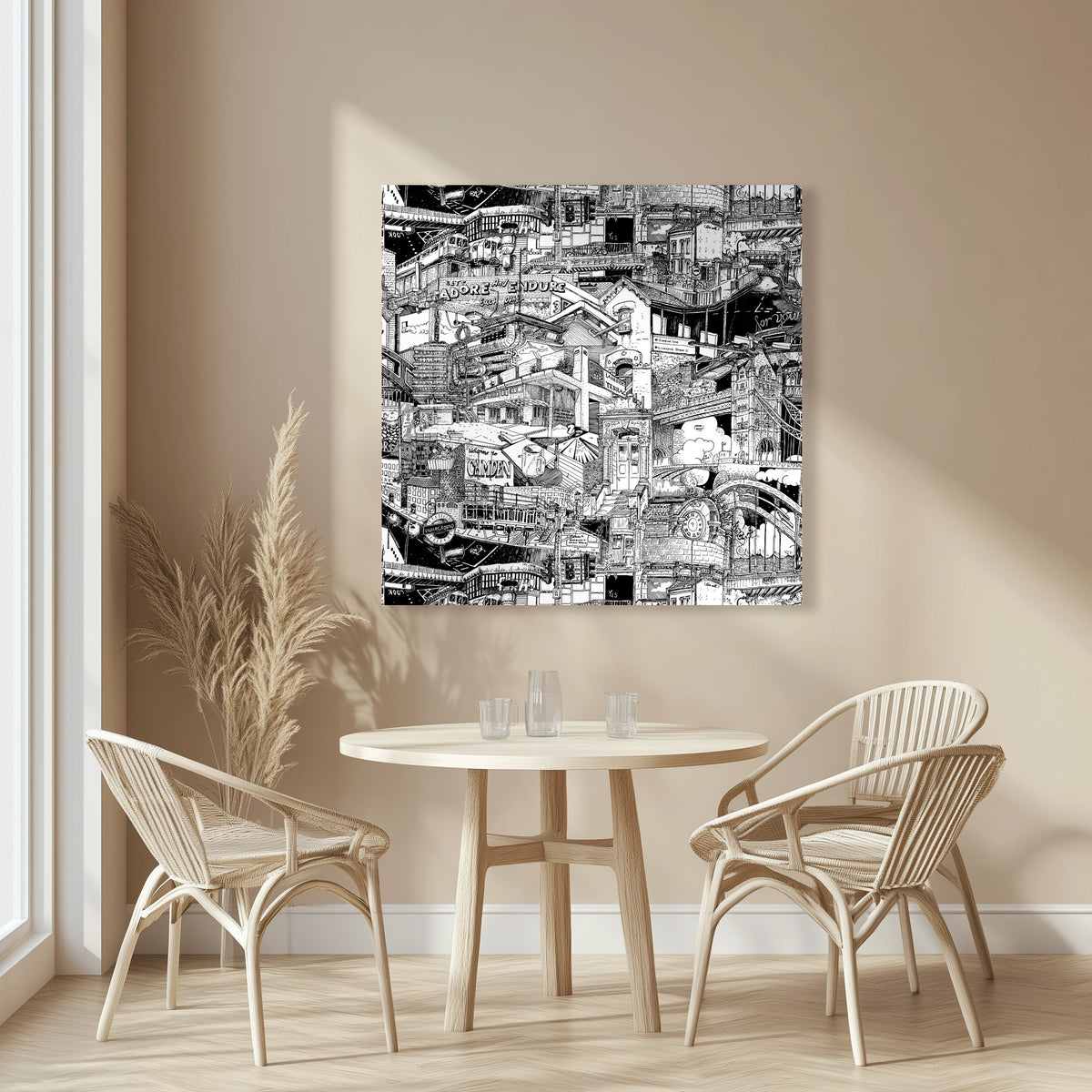 Hand-drawn London cityscape in striking black and white, blending street art and urban decor with landmarks like London Bridge and Camden.