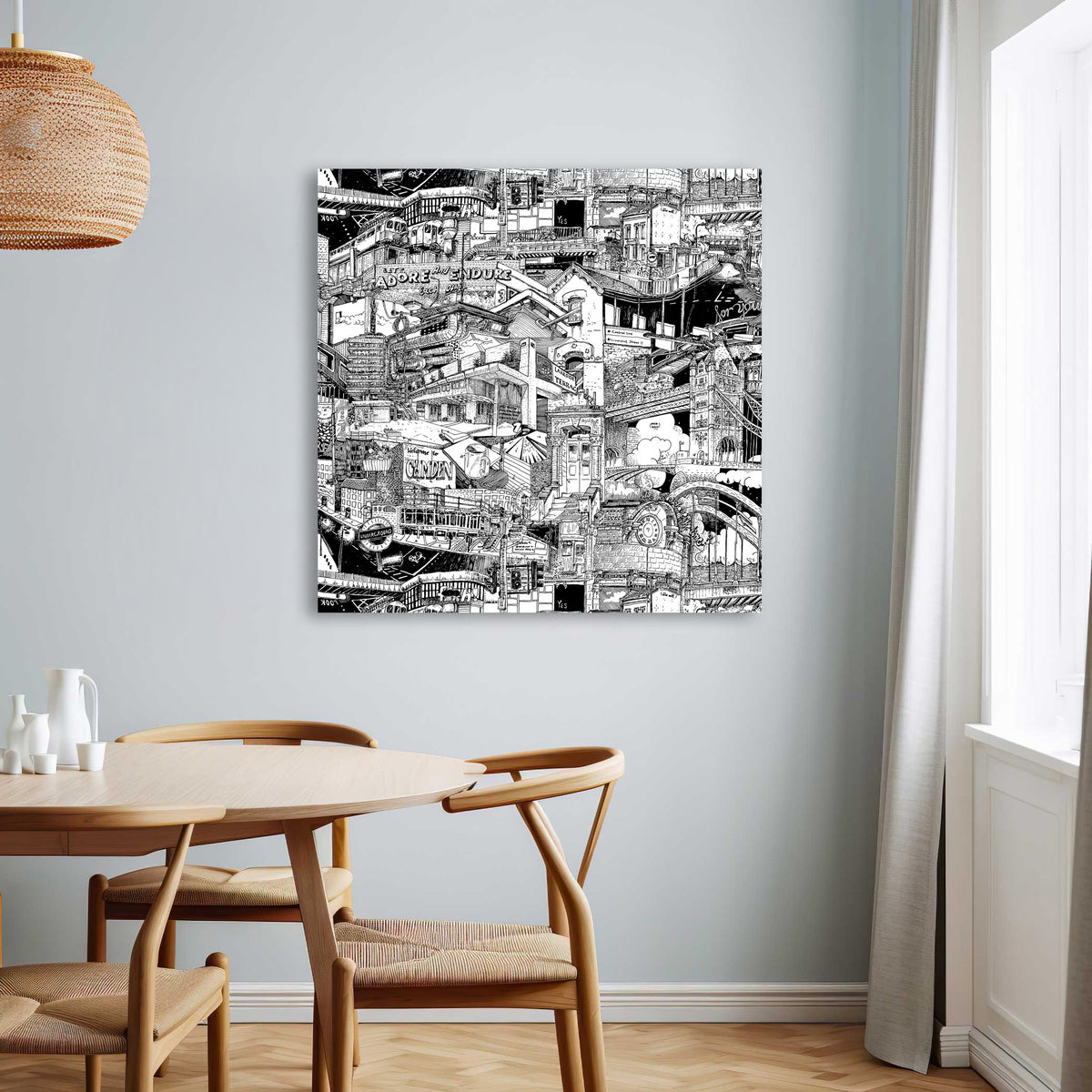 Hand-drawn London cityscape in striking black and white, blending street art and urban decor with landmarks like London Bridge and Camden.