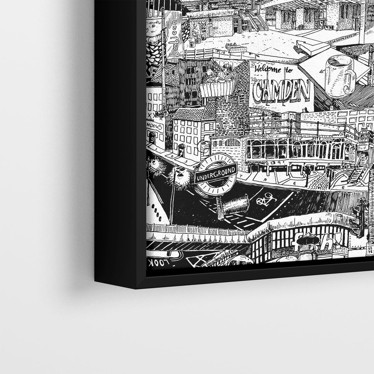 Close-up of the hand-drawn London canvas with a black frame, showcasing the iconic Underground sign, Camden City details, and the Barbican Centre. Perfect for lovers of street art and urban decor.