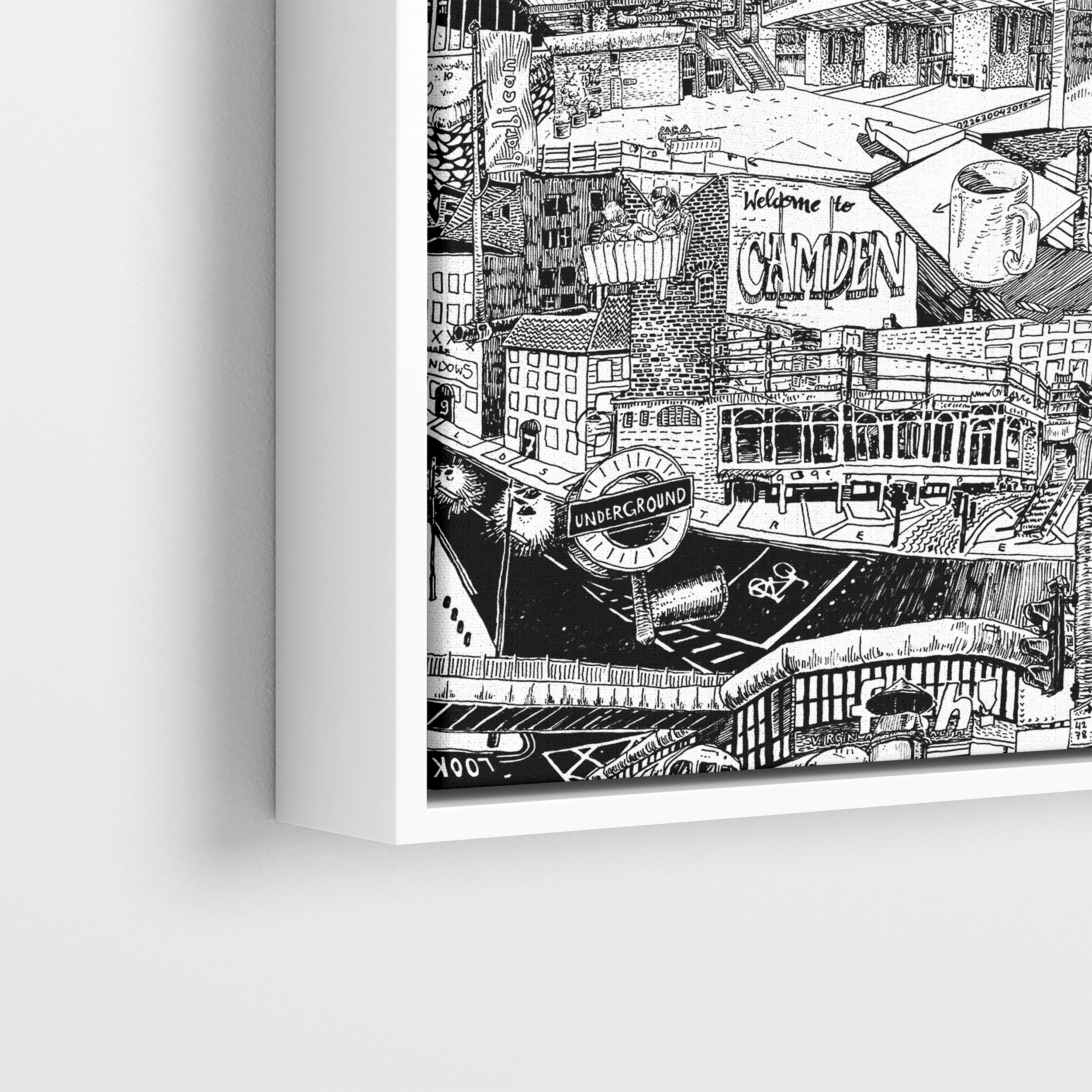 Close-up of the hand-drawn London canvas with a white frame, highlighting the Underground sign, Camden City streets, and the Barbican Centre. Ideal for urban art enthusiasts and modern interiors.