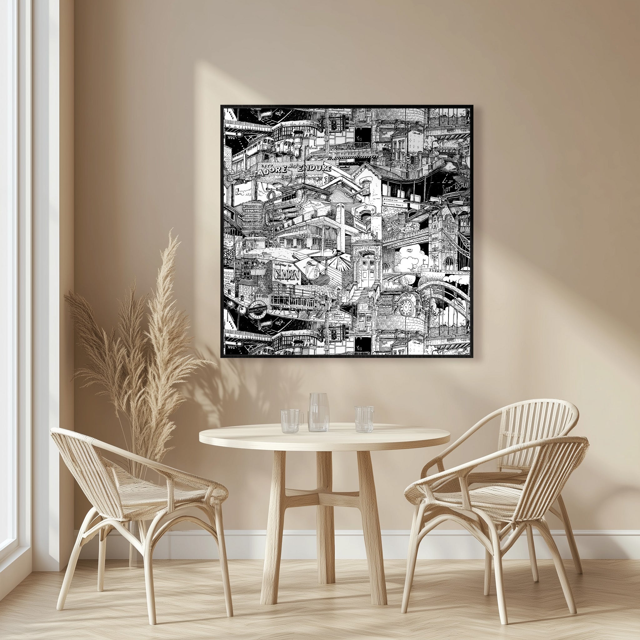 A black-framed London urban art canvas with detailed landmarks like the Barbican Centre and Camden. Perfect for cityscape enthusiasts.
