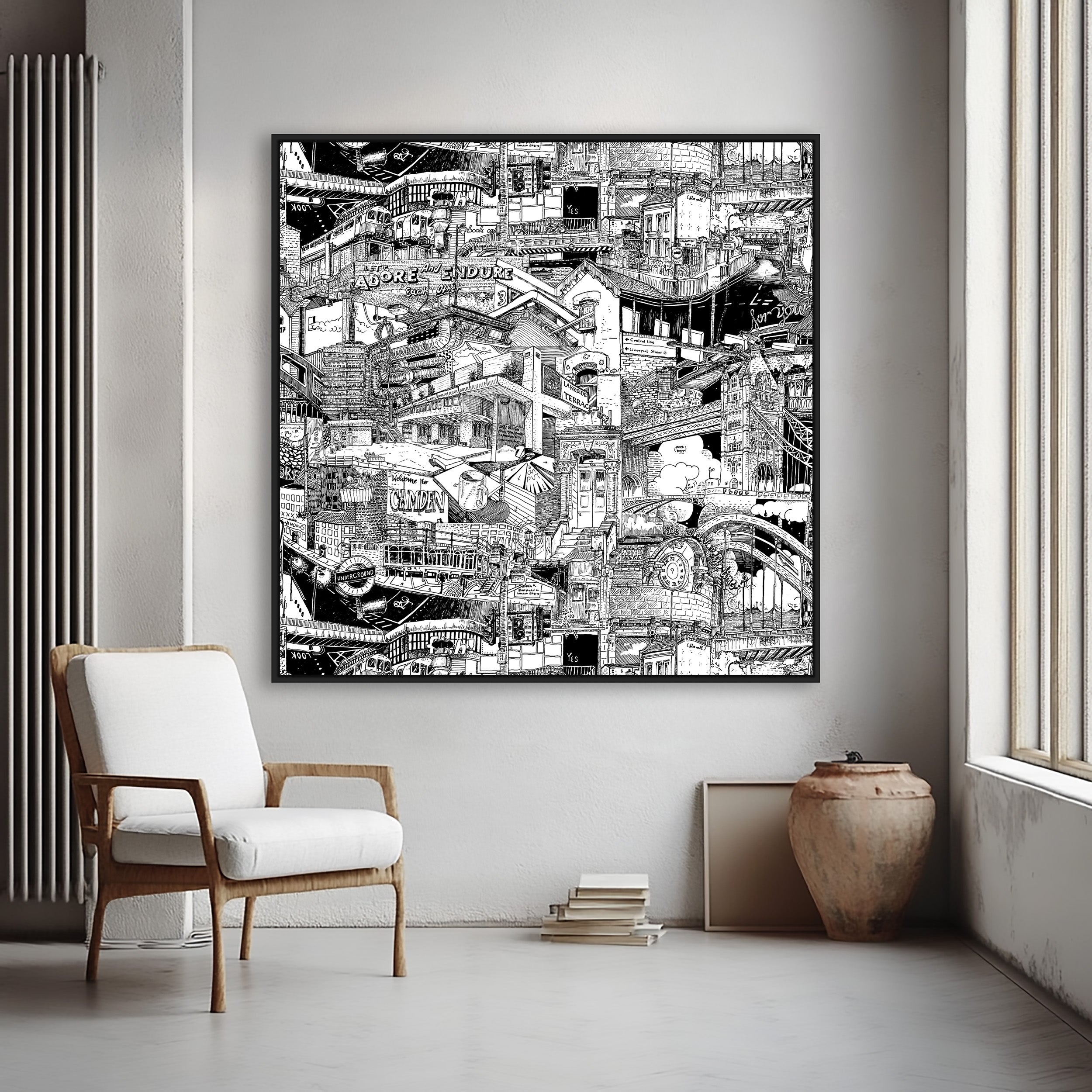 Large black-framed London canvas blending urban art, cityscapes, and iconic landmarks for bold and stylish interior decor.