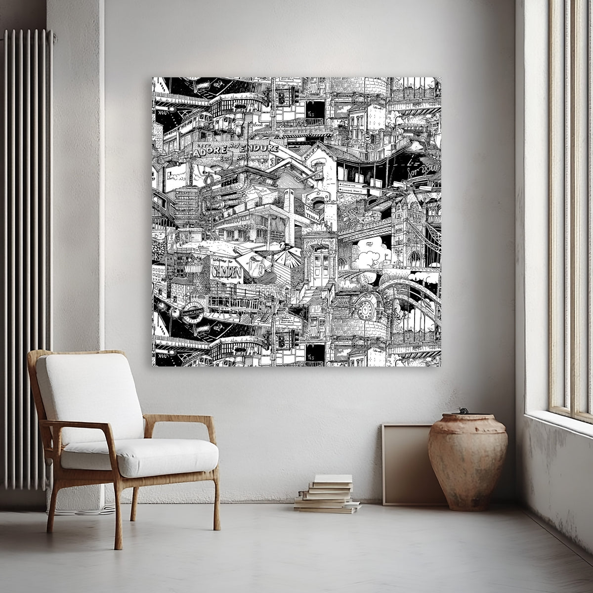 Oversized hand-drawn London skyline canvas, featuring street art and intricate cityscape details like the Barbican and Camden.