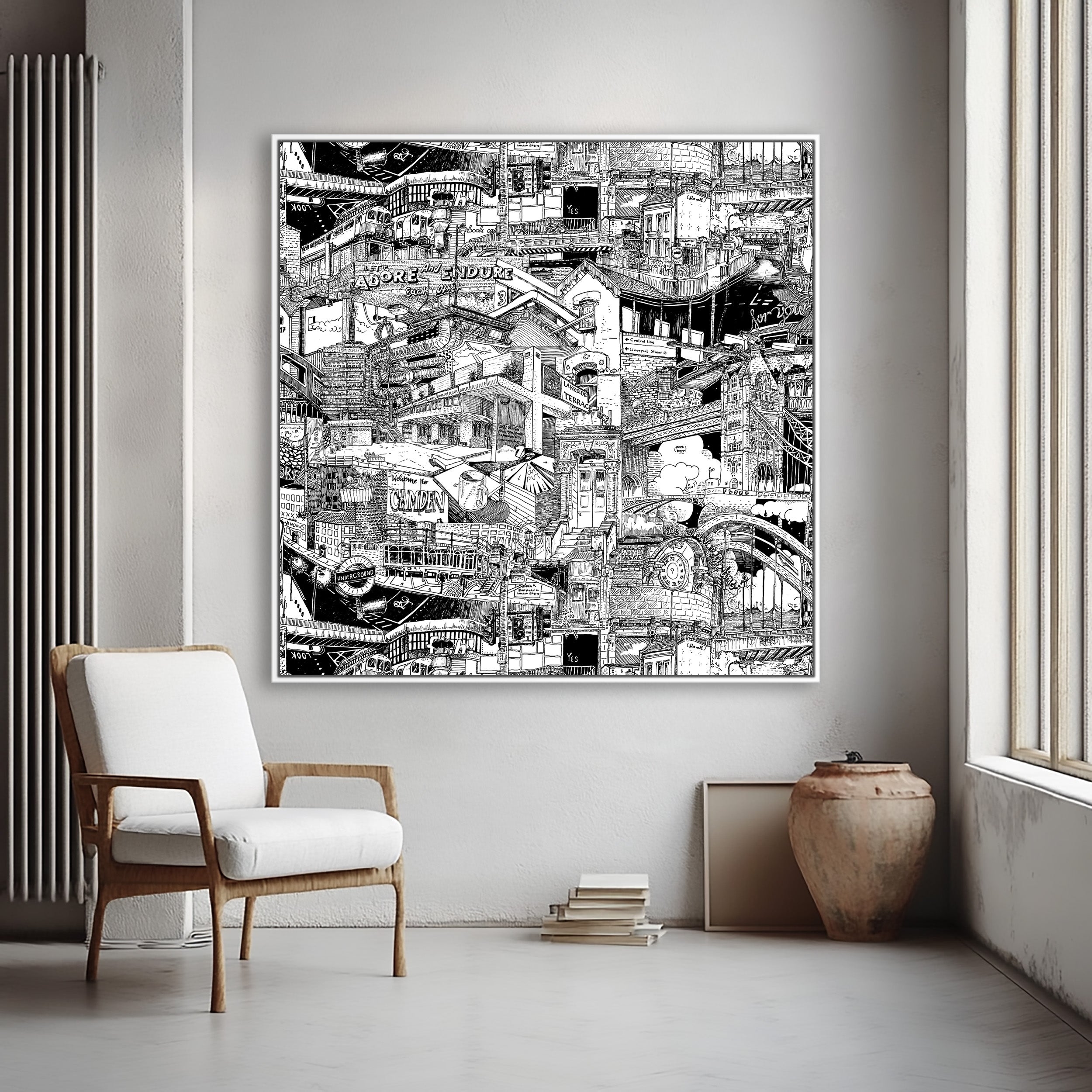 City portrait of London featuring Camden, the Underground, Shoreditch Box Park, the Barbican Centre, and other iconic highlights, displayed as a framed canvas print with a wide frame in a minimalistic modern interior design.