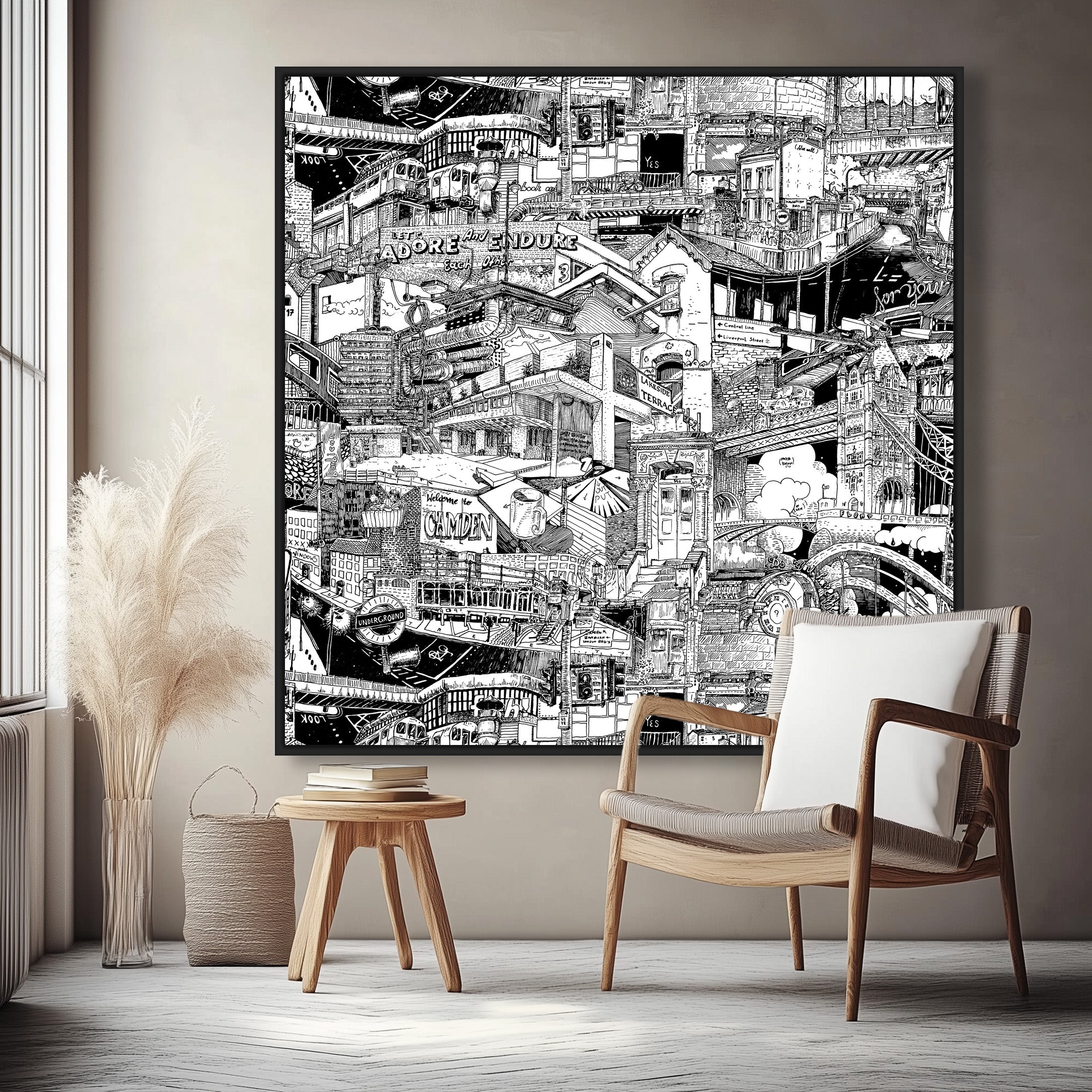 Framed black London canvas, hand-drawn with iconic elements like the Underground signs, Camden Lock, and Barbican Centre.