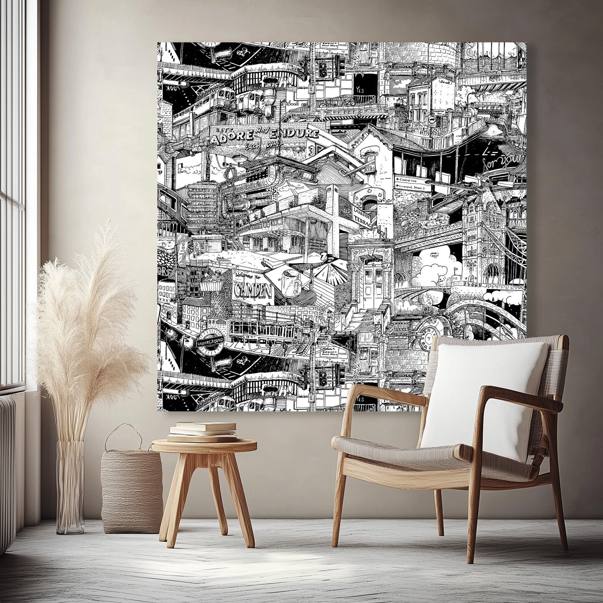 135 cm massive London canvas, a hand-drawn black-and-white cityscape featuring the Barbican Centre, Camden Lock, Underground signs and vibrant London street art.