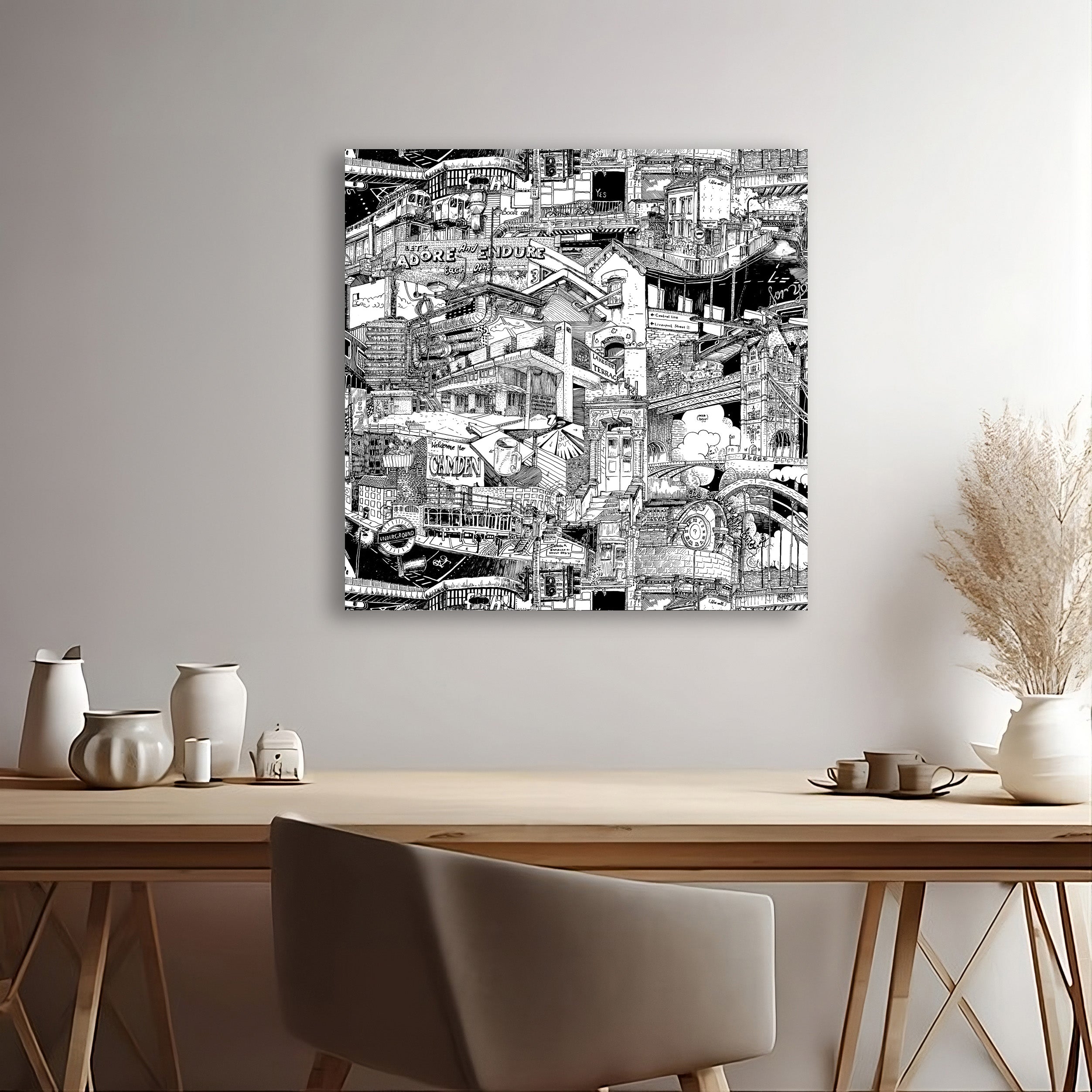 Hand-drawn black-and-white London canvas capturing iconic landmarks like the Barbican Centre and Camden, perfect for street art and cityscape enthusiasts.