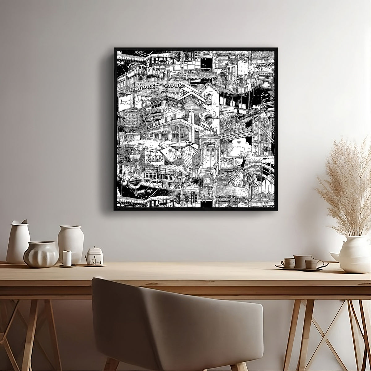 Framed London skyline in black and white, featuring detailed urban art with Camden, the Underground, and the Barbican. A bold street art decor piece.