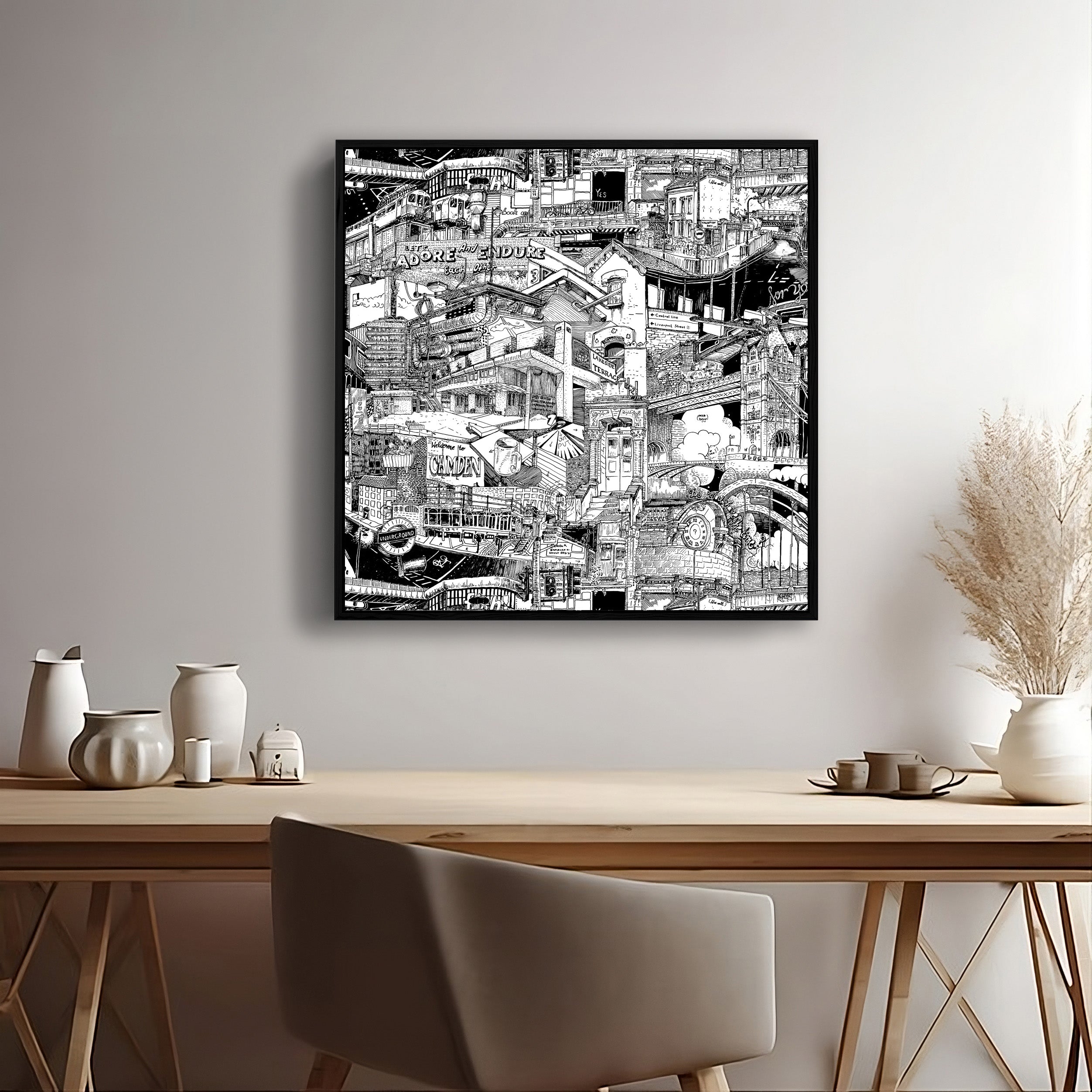 Framed London skyline in black and white, featuring detailed urban art with Camden, the Underground, and the Barbican. A bold street art decor piece.