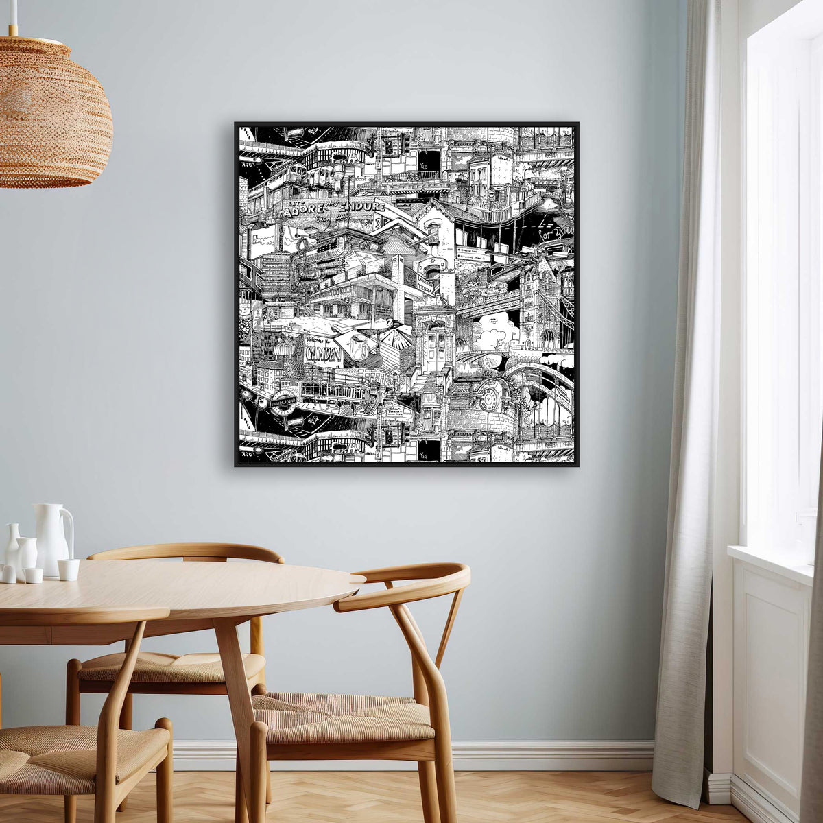 Black-framed London cityscape canvas, including London Bridge, Underground signs, and intricate hand-drawn urban decor.