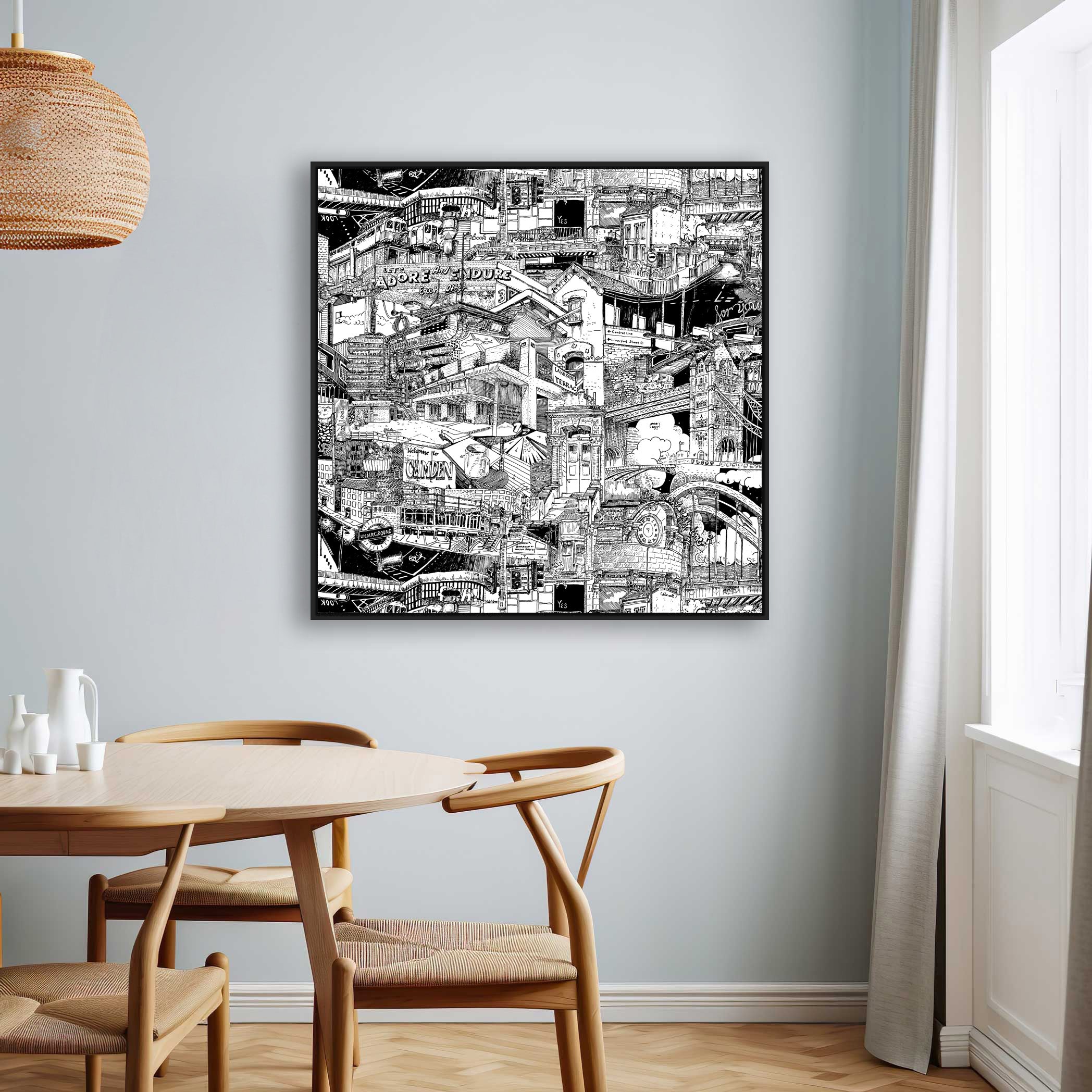 Black-framed London cityscape canvas, including London Bridge, Underground signs, and intricate hand-drawn urban decor.