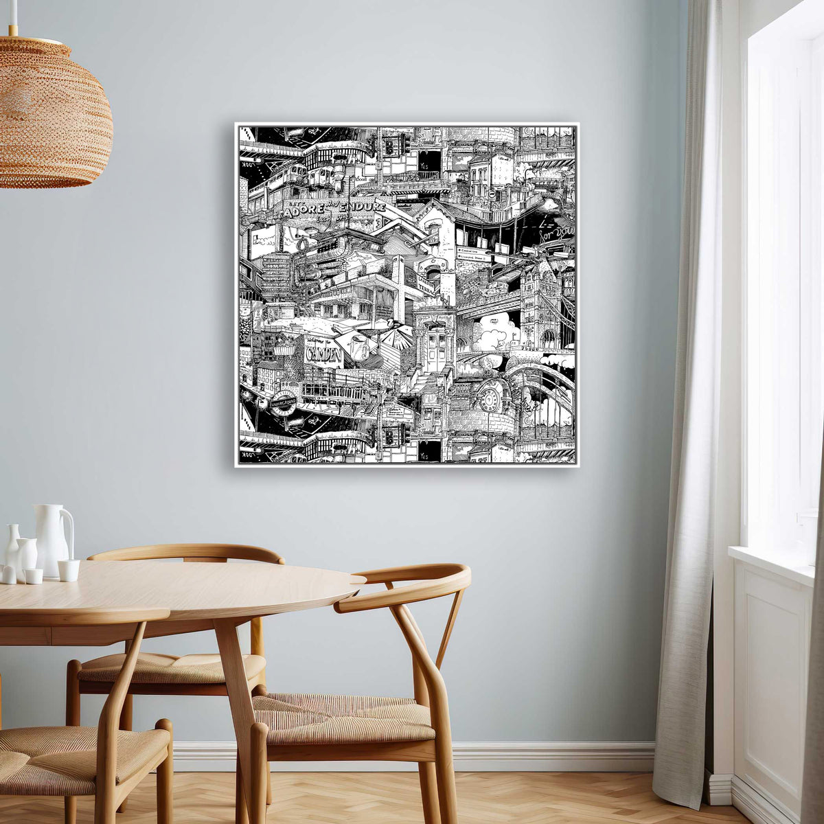 White-framed London artwork, a hand-drawn cityscape urban artpiece with Camden Lock, Barbican Centre, and classic London architecture.
