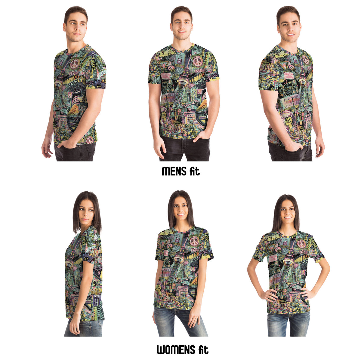 Fit guide showing men and women wearing the Berlin all over print T-shirt