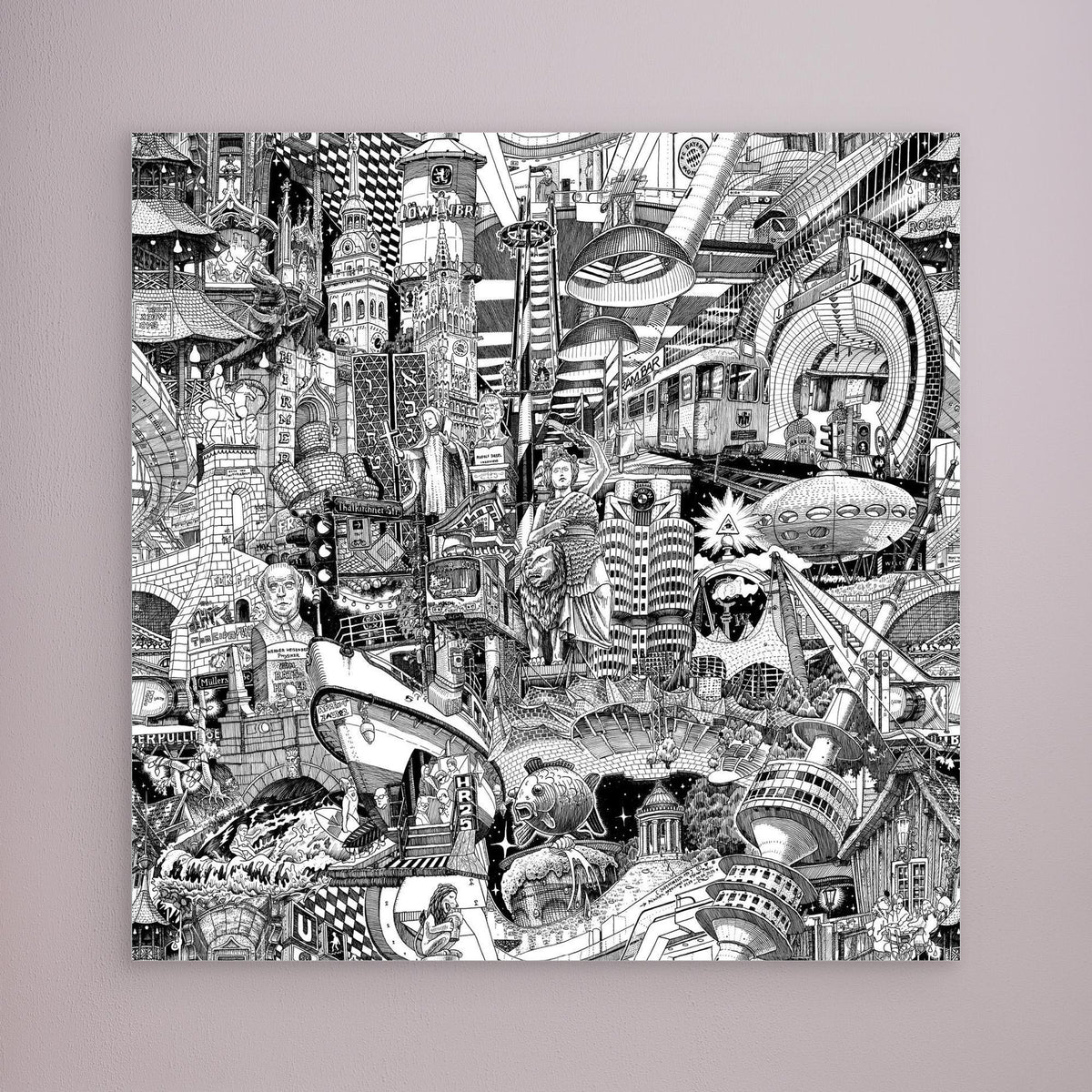 Muenchen-Stadt-Canvas in einem modernen Wohnraum — handgezeichneter schwarz-weisser Urban-Art-Print fuer Wohnzimmer-Dekoration.