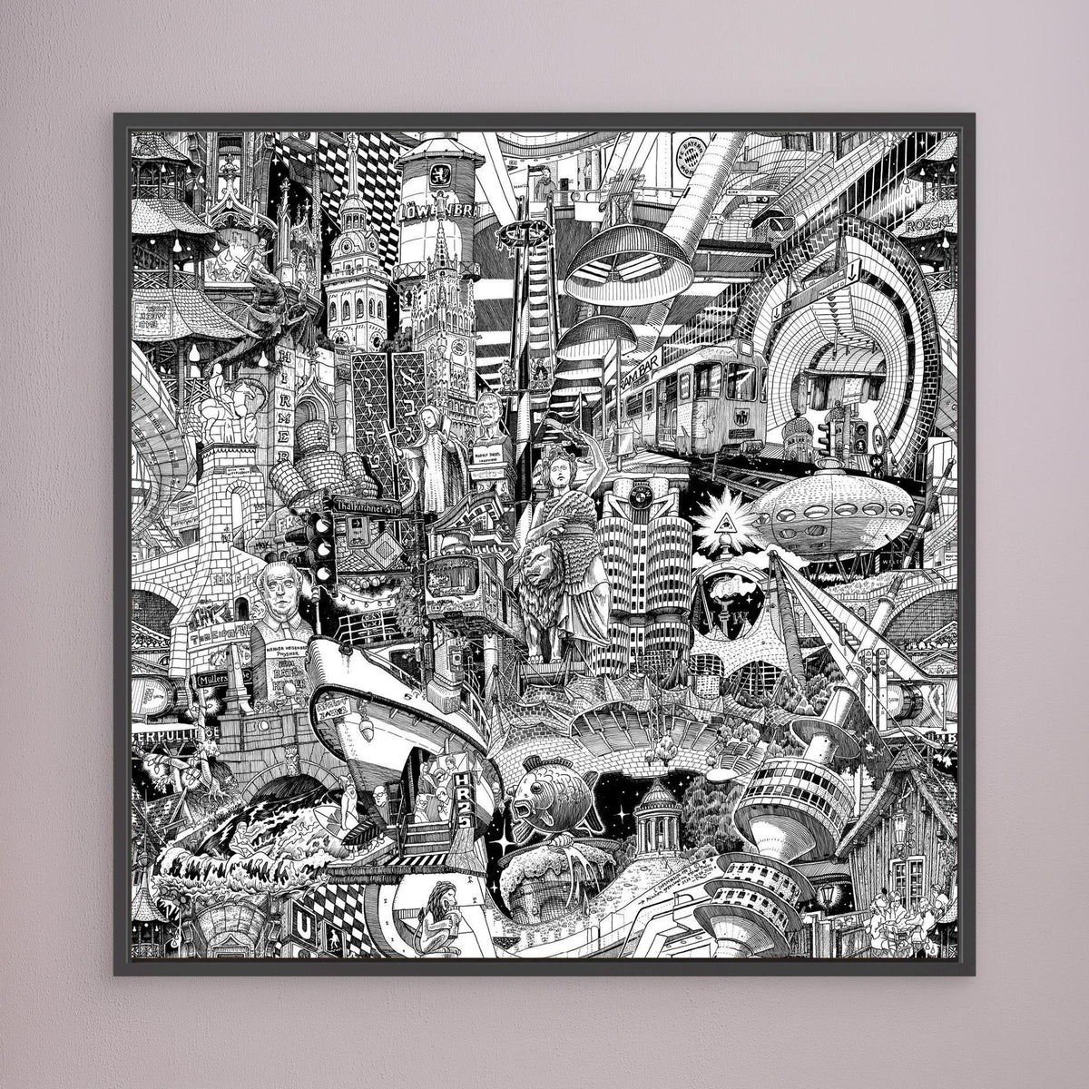 Muenchen-Stadt-Canvas in einem modernen Wohnambiente — handgezeichnete schwarz-weisse Urban-Collage fuer zeitgenoessische Wanddekoration.