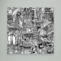 Full NYC canvas print showing a hand-drawn New York City collage with Washington Square Park, Union Square, Times Square, Grand Central Terminal and subway signs.