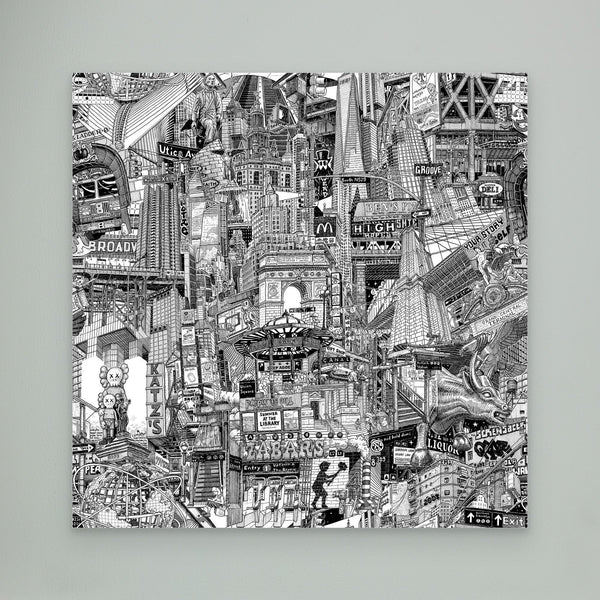 Full NYC canvas print showing a hand-drawn New York City collage with Washington Square Park, Union Square, Times Square, Grand Central Terminal and subway signs.