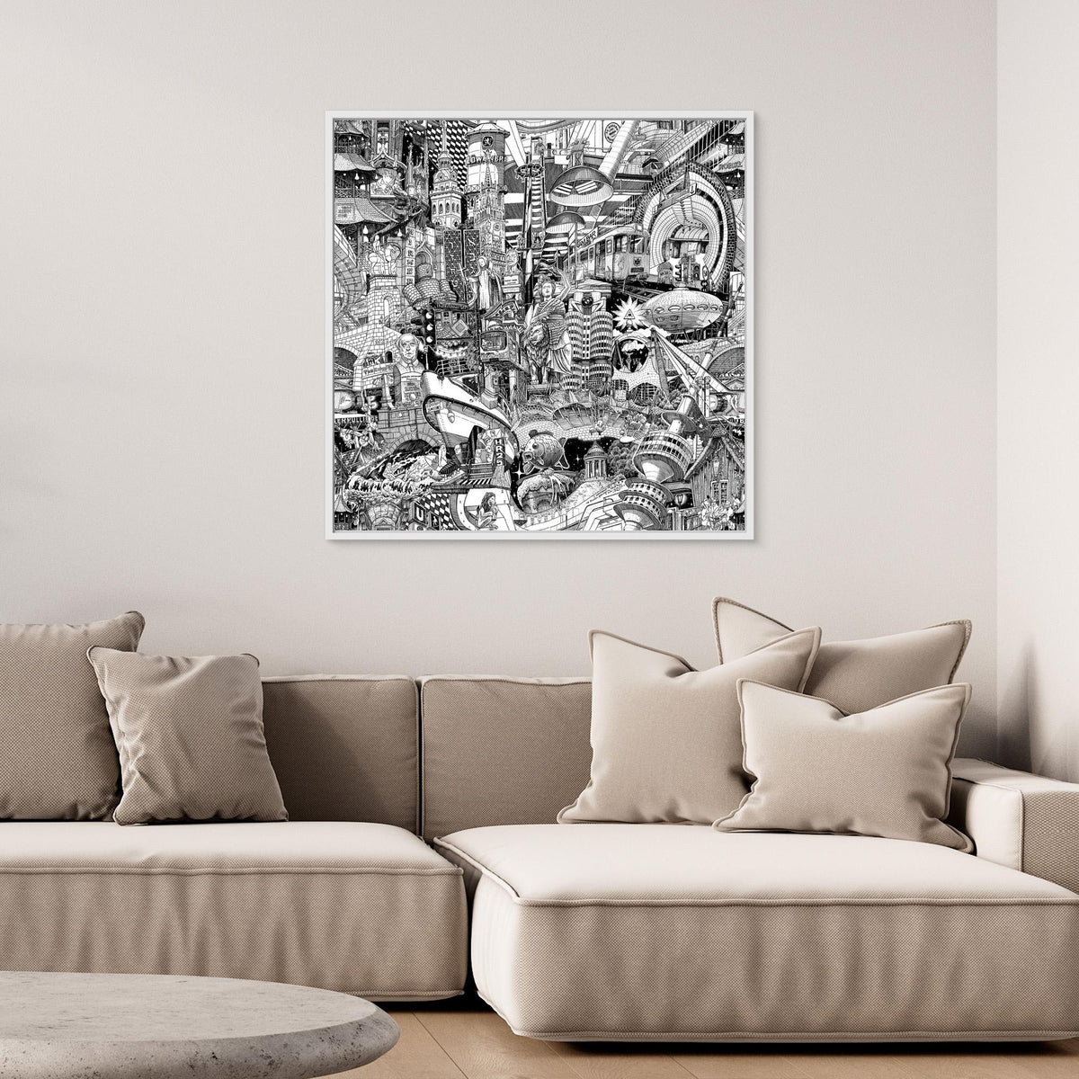 Muenchen-Stadt-Canvas in einem modernen Innenraum — handgezeichnete schwarz-weisse Urban-Collage von Heiner Radau fuer stilvolle Wohndekoration.