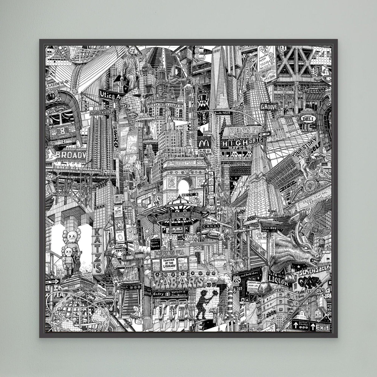 Black framed New York City canvas print on a green wall with details inspired by Grand Central Terminal, City Hall Park, Oculus and Lower Manhattan.