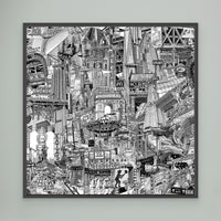 Black framed New York City canvas print on a green wall with details inspired by Grand Central Terminal, City Hall Park, Oculus and Lower Manhattan.