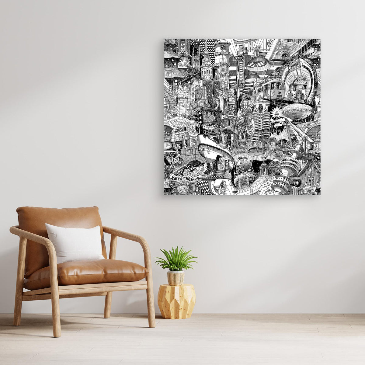 Grossformatiger Muenchen-Canvas-Print in einem modernen Interieur — handgezeichnete schwarz-weisse Stadt-Collage als Statement-Piece fuer jeden Raum.