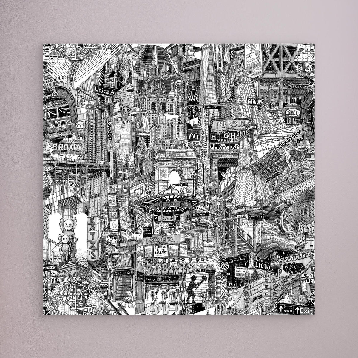 Black and white New York City canvas print on a pale pink wall, featuring urban details from Washington Square, DUMBO, Brooklyn Bridge and Manhattan streets.