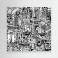 NYC canvas print showing a hand-drawn city collage with Washington Square Park, Brooklyn Bridge, Chinatown, subway signs and Manhattan street scenes.