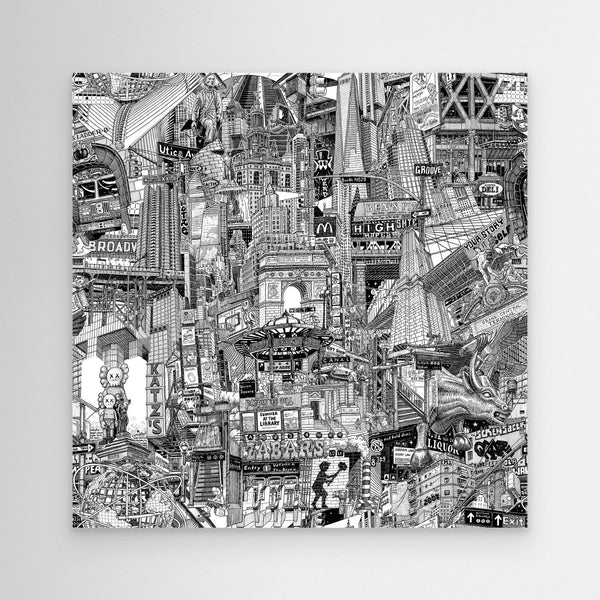 NYC canvas print showing a hand-drawn city collage with Washington Square Park, Brooklyn Bridge, Chinatown, subway signs and Manhattan street scenes.