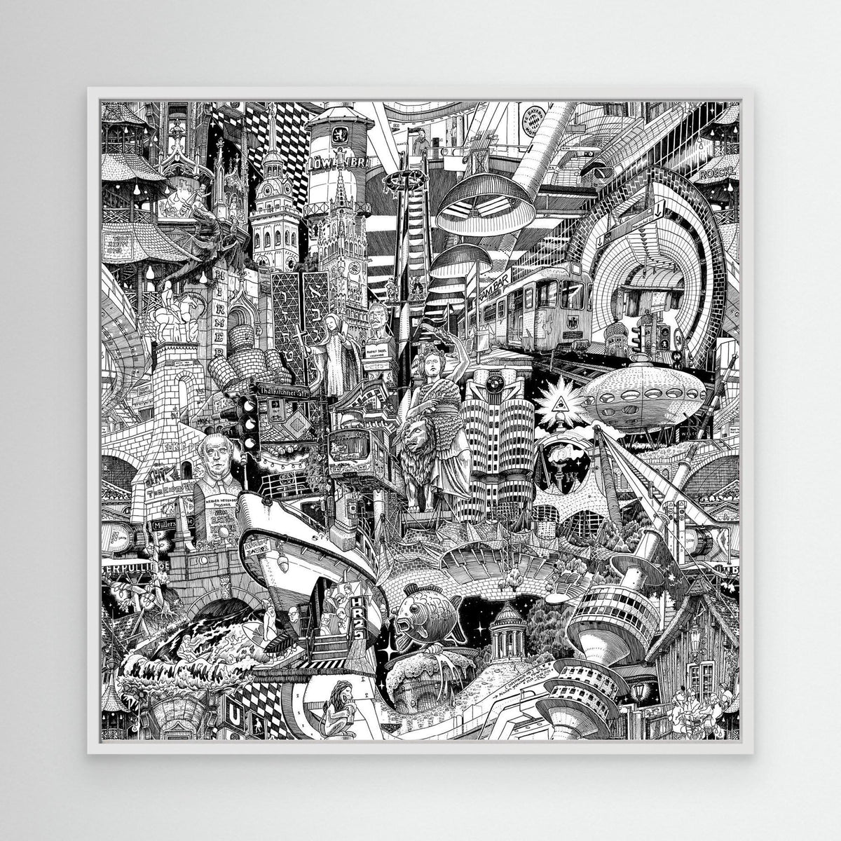 Muenchen-Stadt-Canvas in einem zeitgenoessischen Interieur — handgezeichneter schwarz-weisser Urban-Print fuer moderne Wohnraumgestaltung.