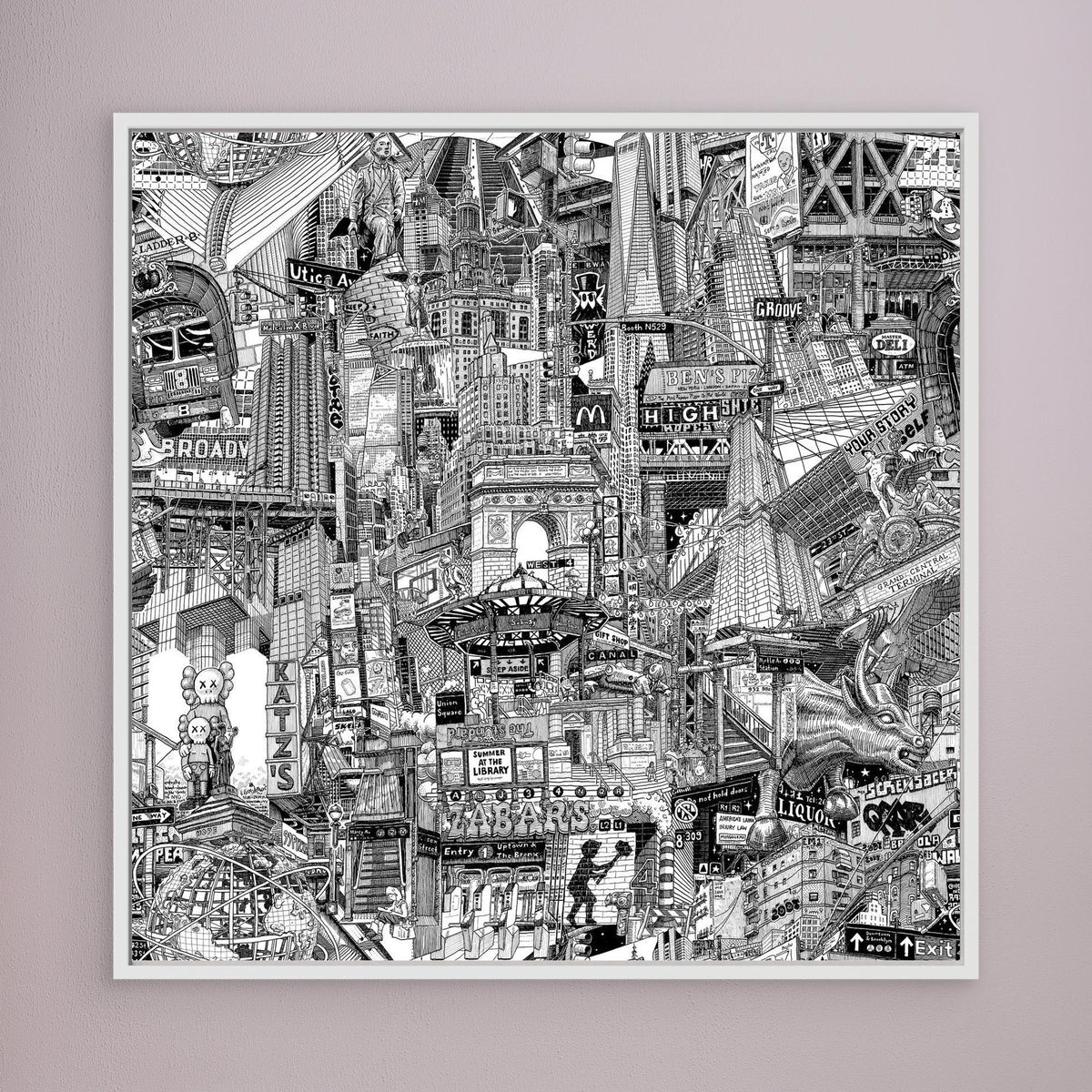 White framed black and white NYC wall art print with dense New York details inspired by Chinatown, Katz’s Delicatessen, Wall Street and subway stations.