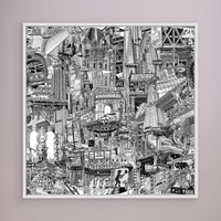 White framed black and white NYC wall art print with dense New York details inspired by Chinatown, Katz’s Delicatessen, Wall Street and subway stations.