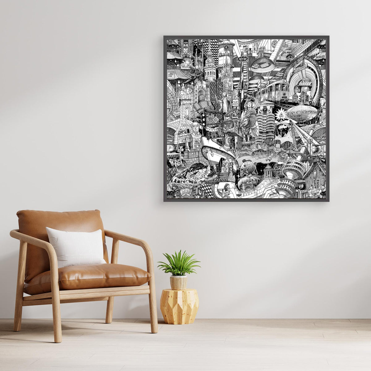 Muenchen-Stadt-Canvas an einer Wohnzimmerwand — handgezeichneter schwarz-weisser Urban-Art-Print fuer moderne Innenraumgestaltung.