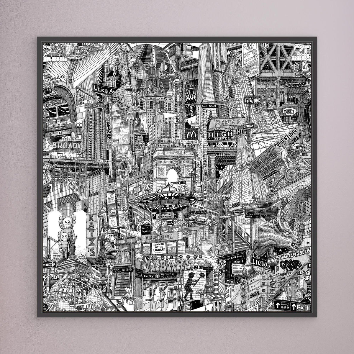 Black framed NYC canvas print with detailed New York references including Katz’s Delicatessen, KAWS in Greenpoint, Unisphere and subway entrances.