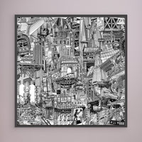 Black framed NYC canvas print with detailed New York references including Katz’s Delicatessen, KAWS in Greenpoint, Unisphere and subway entrances.