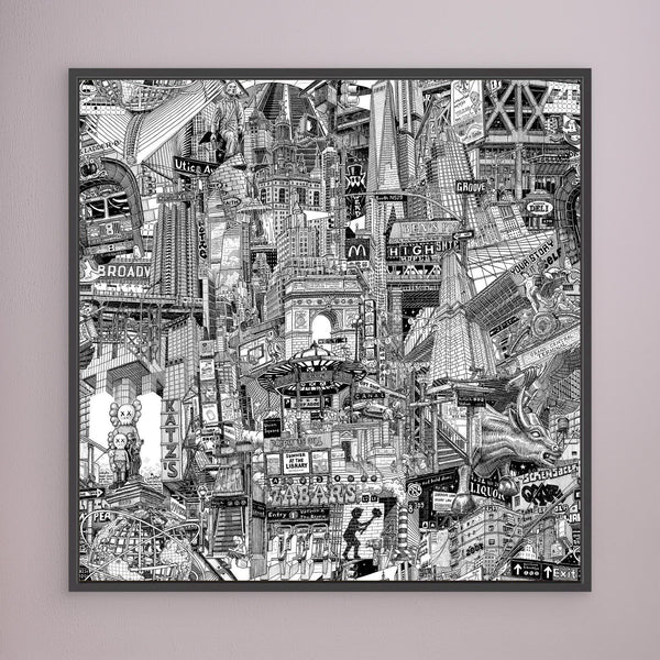 Black framed NYC canvas print with detailed New York references including Katz’s Delicatessen, KAWS in Greenpoint, Unisphere and subway entrances.