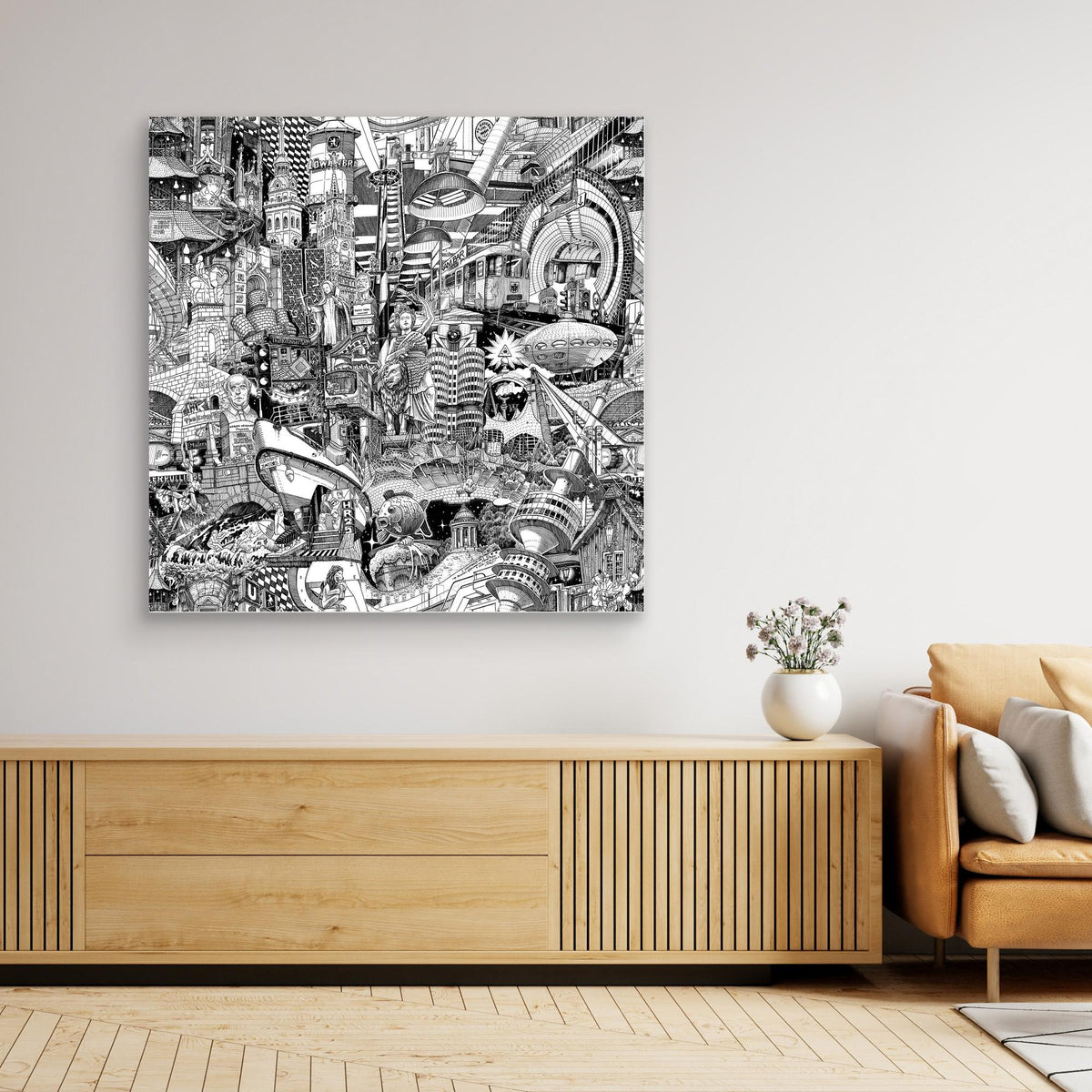 Muenchen-Canvas in einem zeitgenoessischen Interieur — handgezeichneter schwarz-weisser Stadtkunst-Print fuer urbane Wohnraumgestaltung.