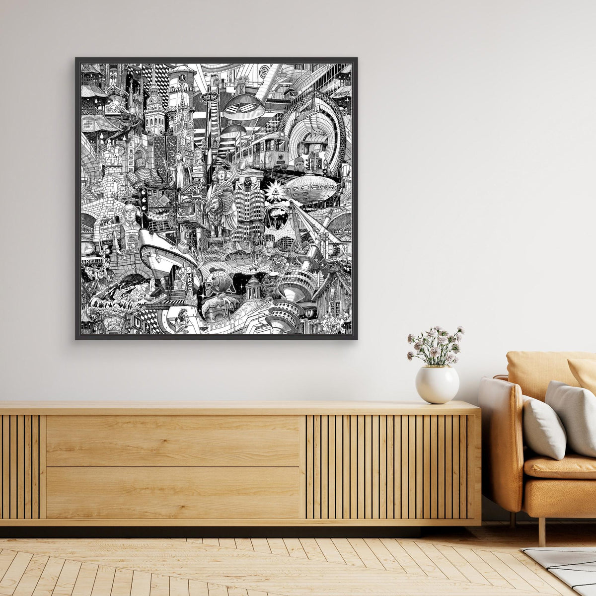 Muenchen-Stadt-Canvas in einem gestylten Wohnraum — handgezeichnete schwarz-weisse Urban-Collage fuer zeitgenoessische Inneneinrichtung.