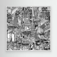 White framed New York City wall art close-up with architectural details from Times Square, One Fifth Avenue, Broadway Junction and Midtown streets.