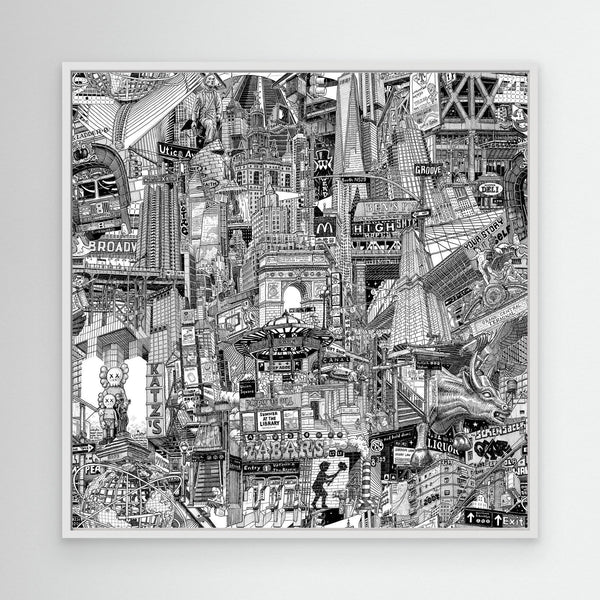 White framed New York City wall art close-up with architectural details from Times Square, One Fifth Avenue, Broadway Junction and Midtown streets.