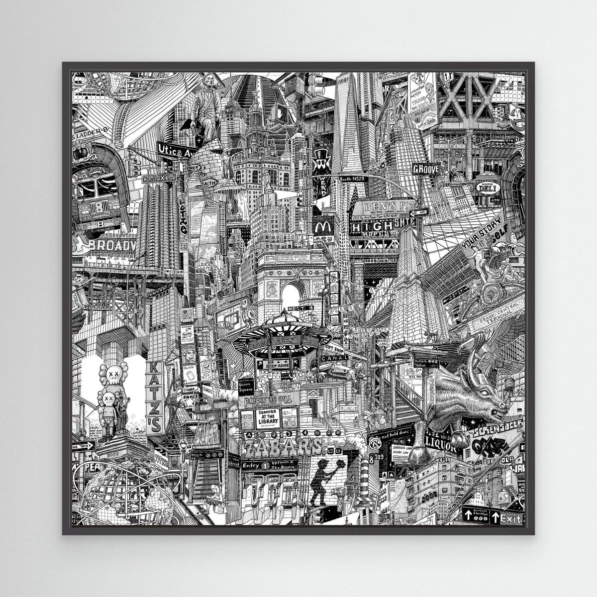 Framed black and white NYC illustration print with dense New York buildings, subway entrances, street signs and urban details.
