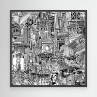Framed black and white NYC illustration print with dense New York buildings, subway entrances, street signs and urban details.