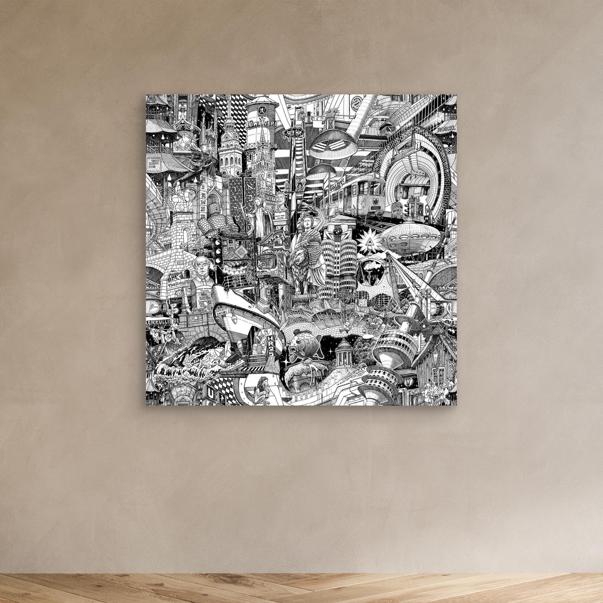 Muenchen-Stadt-Canvas in einem modernen Wohnraum — handgezeichneter schwarz-weisser Urban-Print fuer zeitgenoessisches Interior Design mit bayerischem Charakter.