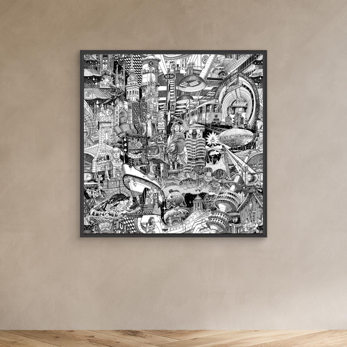 Muenchen-Canvas-Print in einem zeitgenoessischen Raum — handgezeichnete schwarz-weisse Urban-Collage fuer stilvolle Wohnraumdekoration.