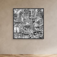 Dark framed New York City illustration canvas on a beige wall, designed as monochrome urban wall art with Grand Central and Manhattan details.