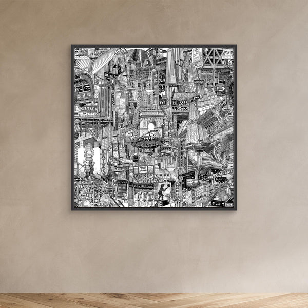 Dark framed New York City illustration canvas on a beige wall, designed as monochrome urban wall art with Grand Central and Manhattan details.