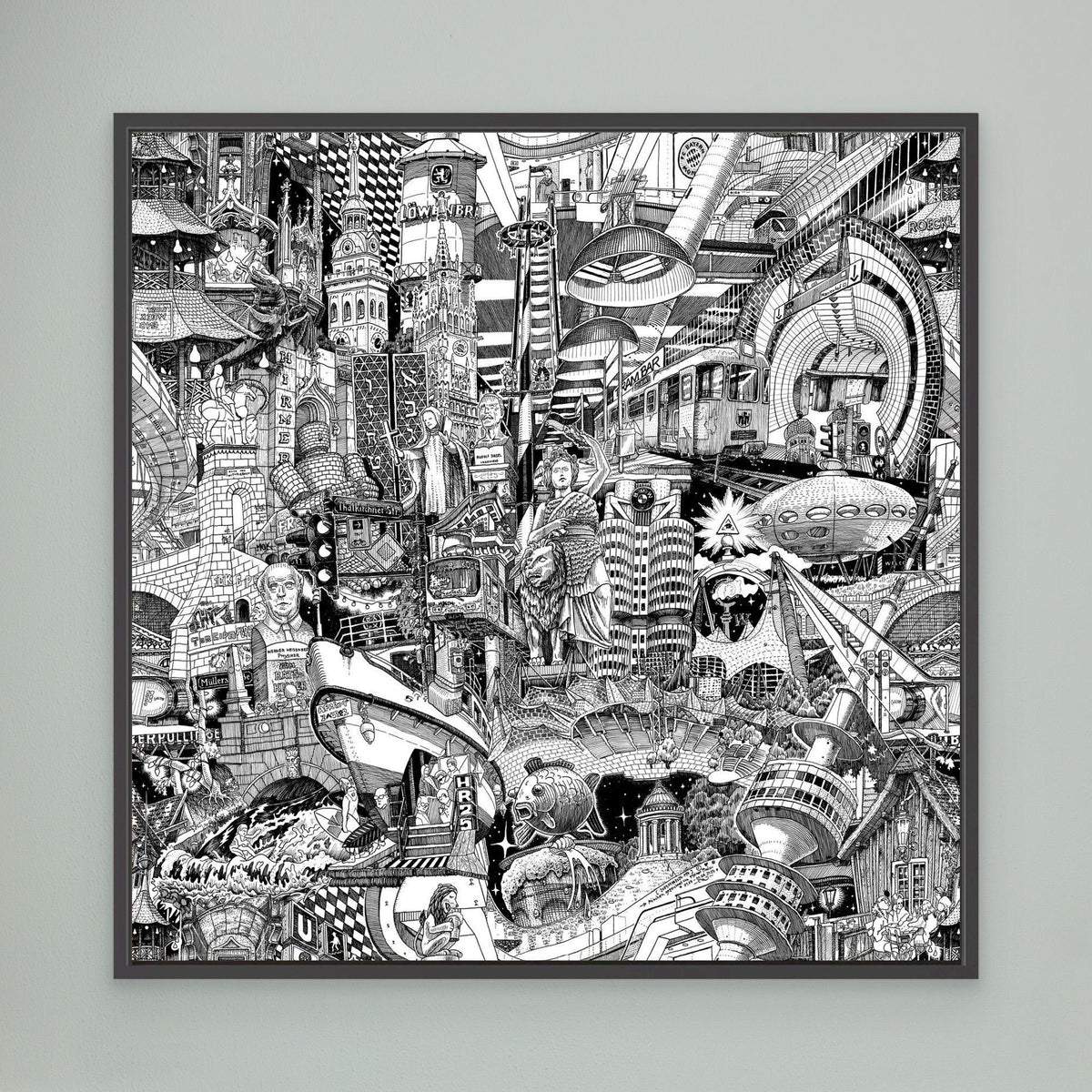 Muenchen-Stadt-Canvas in einem modernen Interior — handgezeichnete schwarz-weisse Urban-Art fuer stilvolle Wandgestaltung.