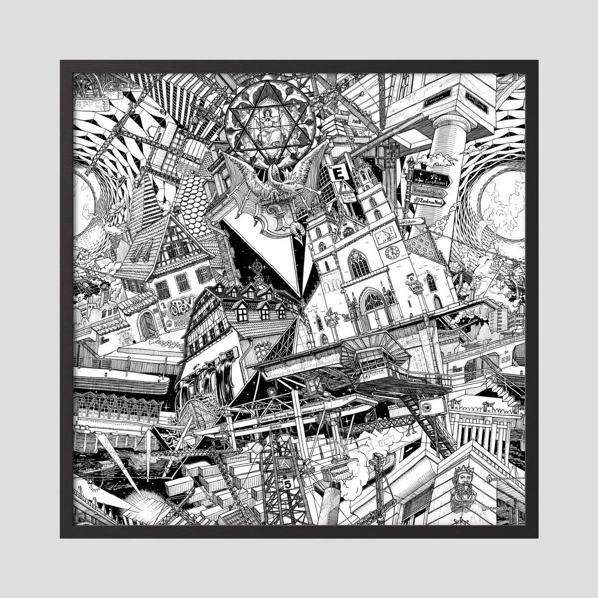 Basel fine art poster in a black wood frame with plexiglass