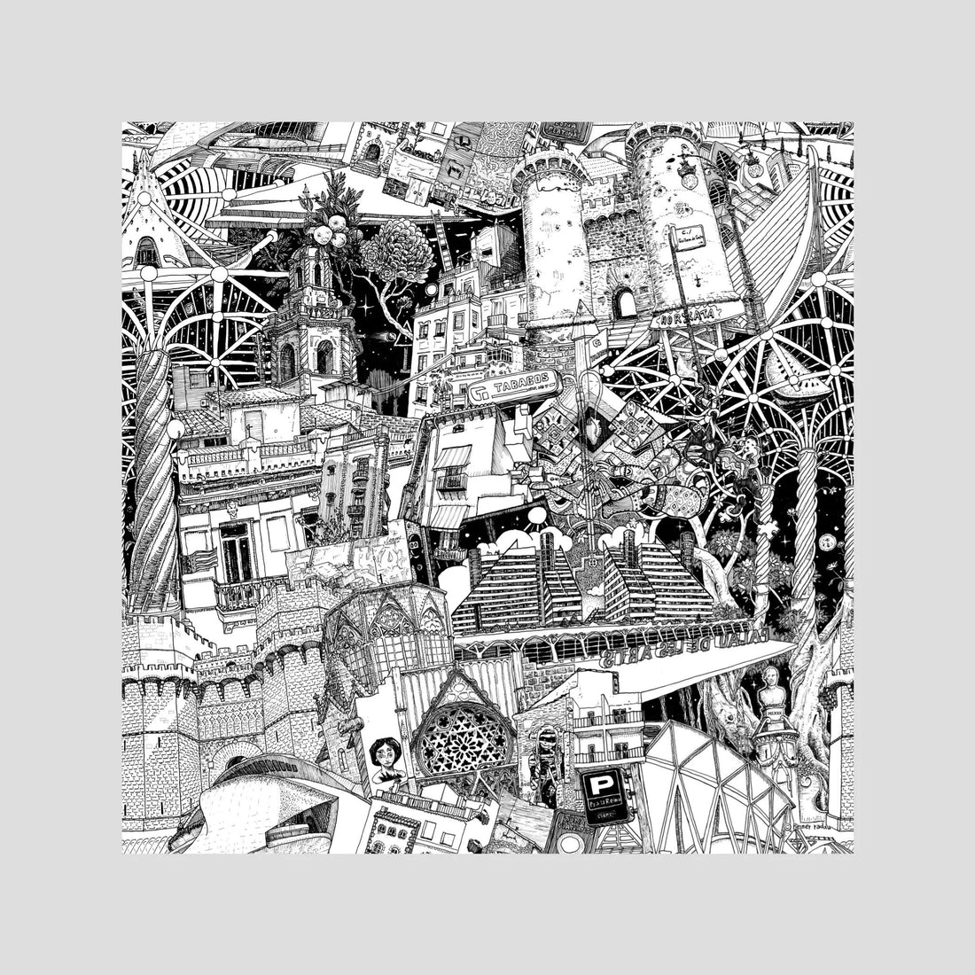 Valencia fine art poster, unframed – hand-drawn black and white Valencia wall art print