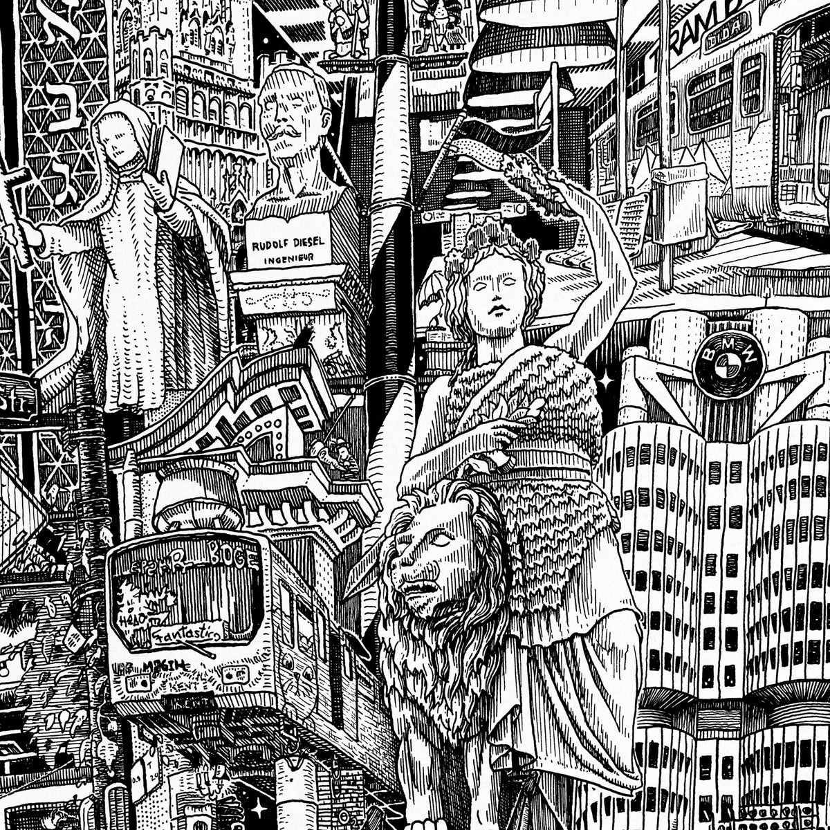 Close-up of the Munich pen and ink drawing printed on matte 230 g/m² fine art paper