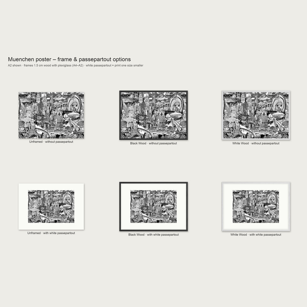 Frame and passepartout options for the Munich landscape poster: unframed, black wood or white wood, with or without white passepartout